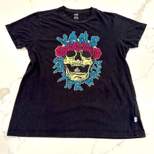 Vintage Vans Black Off The Wall Skull Logo Graphic T-shirt Skater Colorful Sz. S